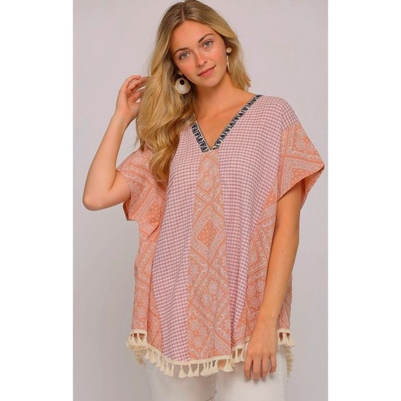 New Gigio Size S M L Dusty Apricot Gingham Bandana Oversized Caftan Tunic Top - Picture 3 of 5